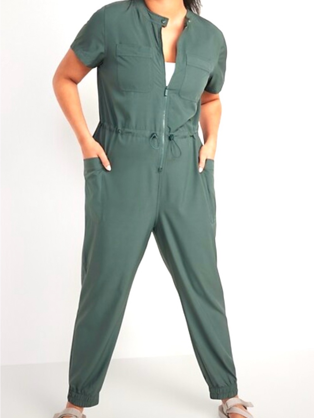 Old Navy Olive Green Short-Sleeve Drawstring Jumpsuit
